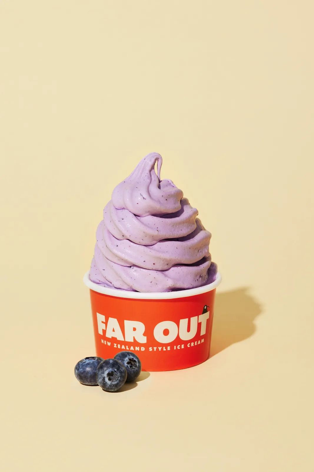 A cup of Far Out real-fruit blueberry ice cream with fresh blueberries